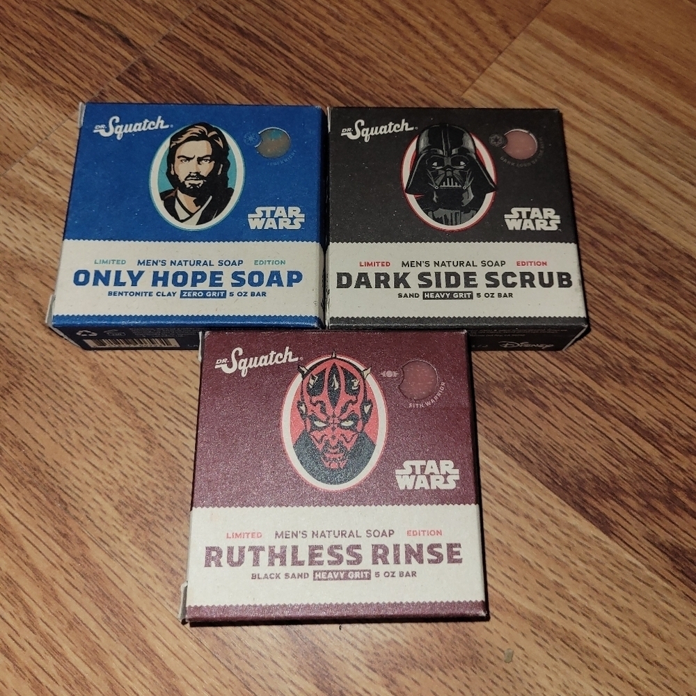 Dr Squatch Star Wars trio of soaps. 2 heavy grit & 1 bentonite clay bars.